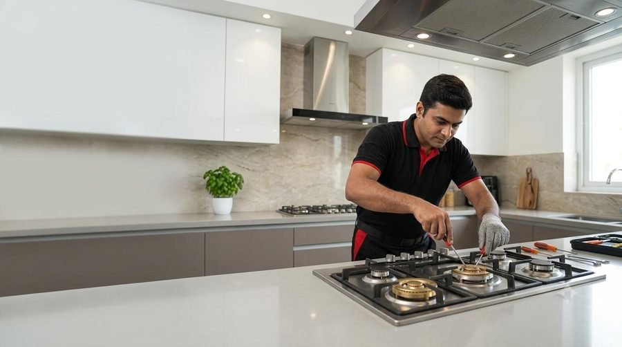 Gas stove repair technician at work in Gurugram